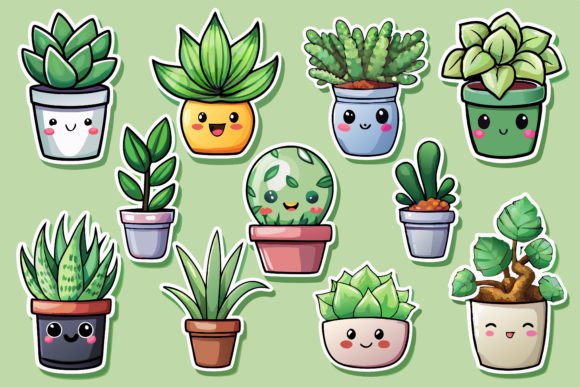 Kawaii Cute Potted Plant Sticker Set Illustrations